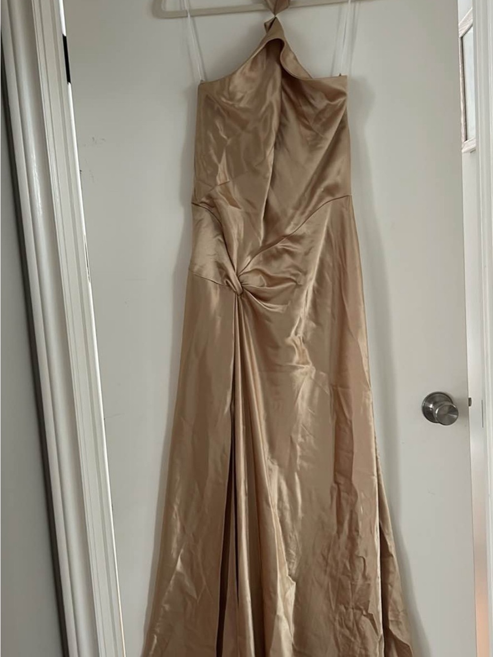 ABS Allen Schwartz Champagne Satin Twist-Front Prom Dress